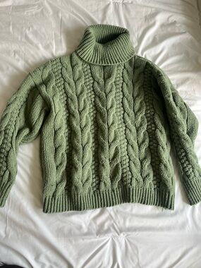Woven Heart Cable Knit Turtleneck Sweater in Sage Green